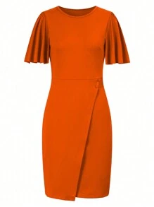 SHEIN Clasi 女款純色簡約日常短袖連衣裙 - 橘色 - 查看 4