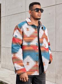 Manfinity Homme 男士加大码随机印花长袖时尚外出彩色夹克，适合朋友、丈夫、男朋友的礼物，男士挂毯夹克，男士印花纽扣衬衫，男士印花夹克，适合秋季 - 彩色 - 查看 5