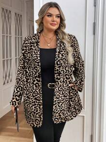 SHEIN CURVE+ Áo blazer nữ họa tiết da báo Plus Size mở phía trước - Nhiều màu - Xem 3