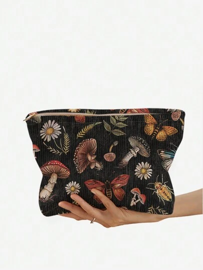 ROMWE Fairycore Butterfly Mushroom & Insect Pattern Double-Sided Printed Corduroy Cosmetic Bag