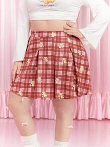 CARDCAPTOR SAKURA | SHEIN Plus Size Autumn Cute Casual Sweet School Style Red Plaid Cartoon Print Pleated Loose A-Line Skirt