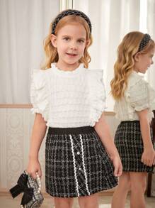 SHEIN 2pcs/Set Little Girls Elegant Commute Casual Ruffle Collar Puff Sleeve T-Shirt And Boucle A-Line Skirt Outfit, Back To School