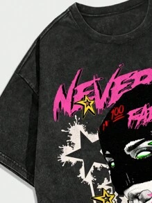 ROMWE MEN Street Life 男士酸洗小天使短袖T恤，适合春夏日常穿着 - 黑色 - 查看 4