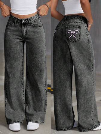 SHEIN ICON Gerade geschnittene Jeans für Damen mit gesticktem Schleife und gewaschenem Effekt