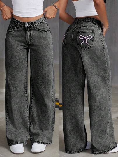 Women's Pocketed Embroidered Bow Distressed Straight Leg Jeans
