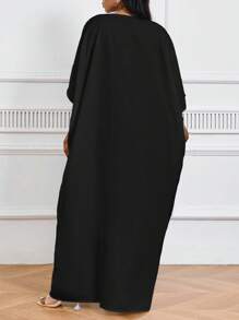 SHEIN Lady Váy tay ngắn cỡ lớn dành cho nữ, váy xếp ly rộng rãi thích hợp cho các lễ hội, sự kiện cưới hỏi và đi biển; váy dài dành cho phụ nữ cao giúp tôn dáng. - màu đen - Xem 2