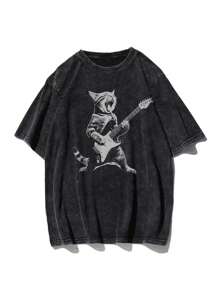 Manfinity Dauomo 男士夏季休閒拼接短袖T卹，印花圖形，哥特式復古洗水工藝，街頭風格，搖滾貓拉奏吉他復古卹，有趣的貓吉他印花T卹