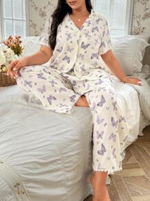 CottageSlumber Bubble & Wrinkle Butterfly Printed Collared Casual Plus Size Short Sleeve Top And Long Pants Pajama Set - Multicolor - View 5