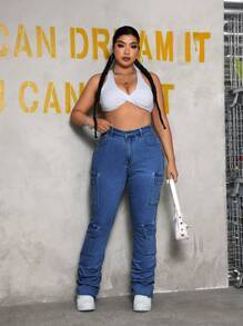 SHEIN ICON 大码时尚水洗牛仔喇叭裤，带多个口袋 - 深色水洗藍 - 查看 5