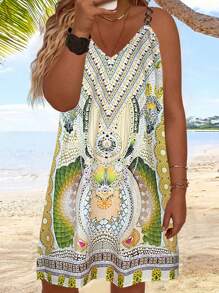 SHEIN Holidaya 大尺碼假日風格印花吊帶裙 - 黃色 - 查看 1