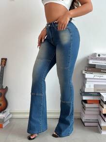 SHEIN SXY 女士修身前扣多口袋喇叭牛仔裤，休闲日常穿着 - 藍色 - 查看 5
