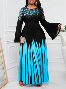 SHEIN Lady Vestido largo de manga larga con estampado azul degradado, vuelo y cintura recogida para mujeres de talla grande, vestidos de boda y salidas - Multicolor - Ver 6