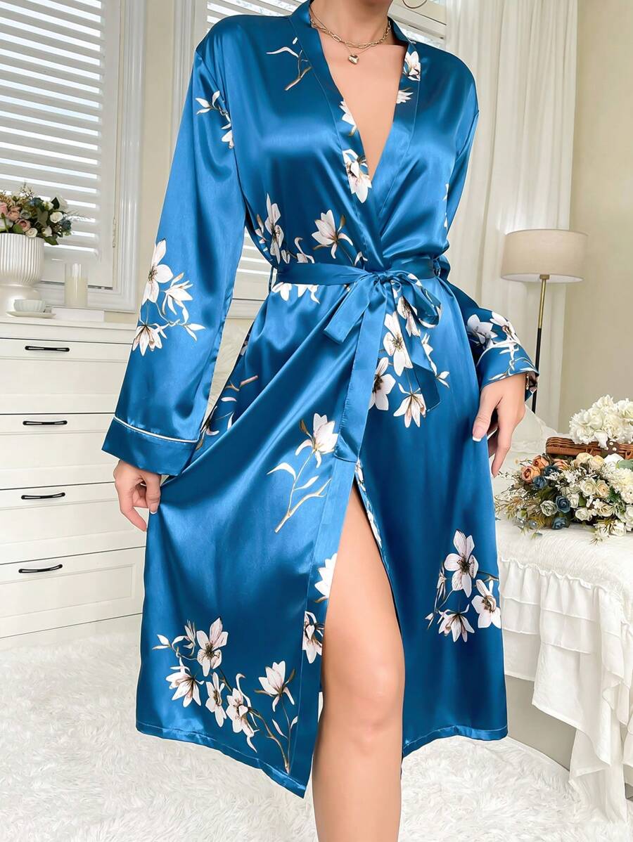 Elegant Floral Women's Homewear Robe Luxe Loungewear, Cozy And Elegant Details, Fall & Winter - Blue - View 1