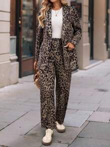 SHEIN Unity Women's Leopard Print Notched Lapel Long Sleeve Blazer And Pants Casual Set - Brown - View 5