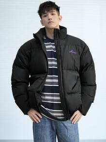 DAZY Men's Loose Letter Printed Open-Front Padded Coat, Winter Jacket - Black - View 1