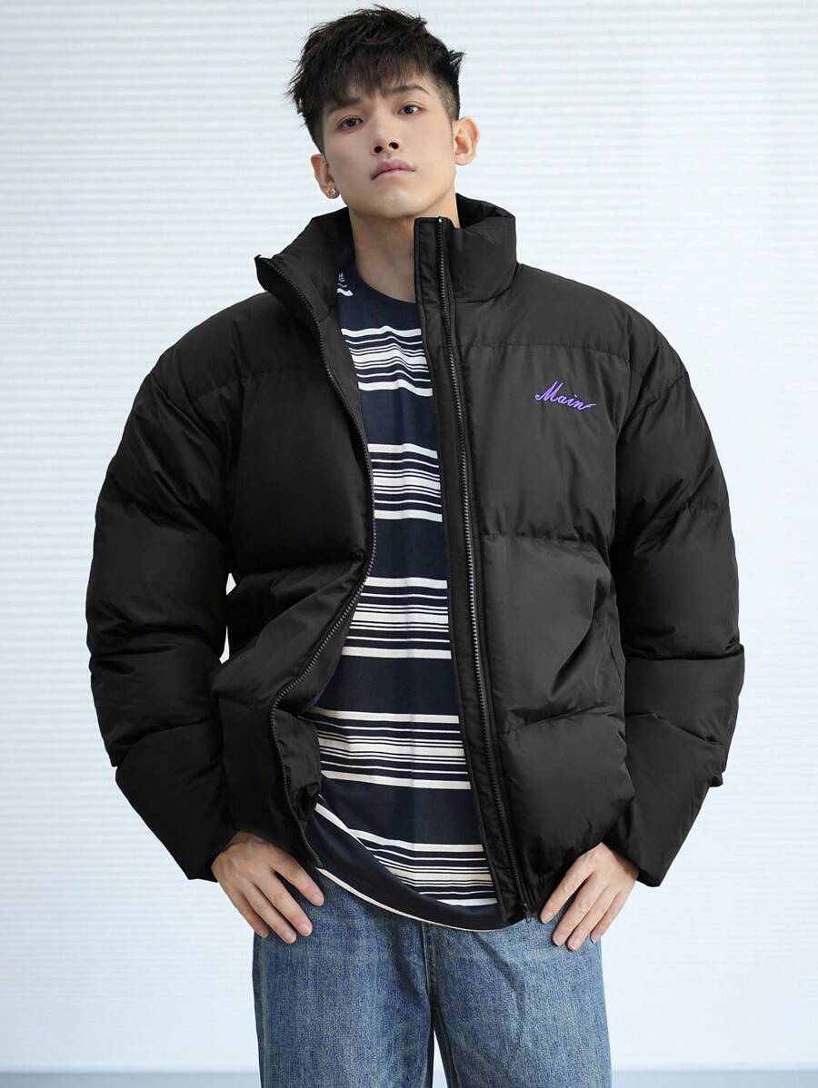 DAZY Men's Loose Letter Printed Open-Front Padded Coat, Winter Jacket - Black - View 1