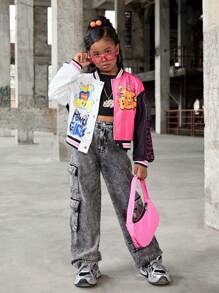 SHEIN Explorewe Tween Girls' Color Block Cartoon Alphabet Printed Front Button Coat With Long Sleeves, Y2k Clothes Kids Girls, Streetwear For Kids, Kids 80s Outfit, Crop Top Jacket Kids