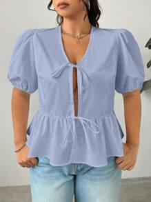 SHEIN EZwear Plus Puff Sleeve Knot Front Peplum Blouse - Blue - View 4