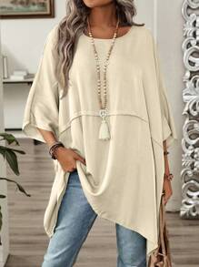 EMERY ROSE 實心蝙蝠袖不對稱下擺襯衫 - 杏色 - 查看 5