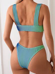 Women's Summer Beach Contrast Striped Bikini Set With Twisted Chest Design - Green - View 2