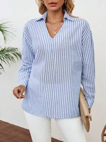 EMERY ROSE 秋季裝學校襯衫老師工作女士襯衫老師服裝老師襯衫休閒女裝裙子老師裝長袖襯衫，老牌風格開學季服裝 - 藍色 - 查看 3