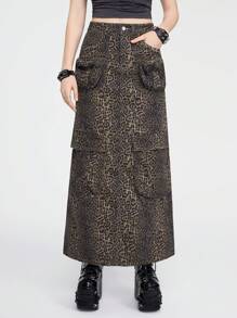 ROMWE Goth Leopard Print Flap Pocket Denim Skirt - Brown - View 7