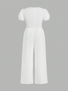 SHEIN Privé Cộng với kích thước Bộ áo liền quần màu trắng tay phồng giản dị và thanh lịch thoải mái có đường viền cổ cho phụ nữ, vừa vặn - trắng - Xem 8