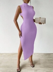 VaVaBold Solid Color High Neck Sleeveless Backless Dresses For Women