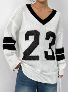 StreetHx 女士时尚镂空针织毛衣，V 领设计，学院风，长袖上衣 - 黑與白 - 查看 6