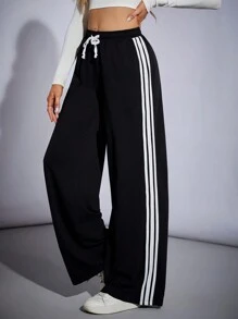 SHEIN Tall 女士运动装棉质编织带阔腿黑色运动裤 - 黑與白 - 查看 6