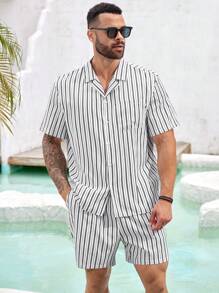 Manfinity Homme Men's Plus Size Striped Camp Collar Short Sleeve Casual Shirt And Shorts Set - Black and White - View 5