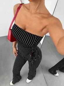 SHEIN EZwear 女士夏季休闲黑色条纹抽绳不对称下摆抹胸和喇叭裤套装 - 黑與白 - 查看 1