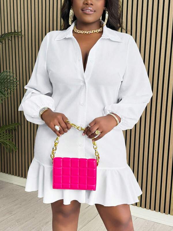 Slaydiva Slayr Elegant Commuter Plus Size Women's White Shirt Collar Asymmetric Hem Ruffle Trimmed Long Sleeve Short Dress,Fall Dresses,Semi Formal Dress,Teacher Dress,Fall Clothes,Graduation Dress