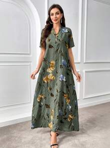 Al Najma Arabisches langes Kleid komplett mit Blumen Allover Muster und vorderen Knöpfen, langärmelig - Verschiedenfarbig - Übersicht 8