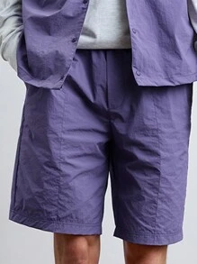 Manfinity VCAY Men's Woven Fashionable Casual Solid Color Loose Fit Short Sleeve Shirt And Shorts Set, Daily Wear.Men Shirts .Men Shorts.Cargo Men Pants.Button Down Shirt,Two-Piece Purple,Sunscreen And Waterproof