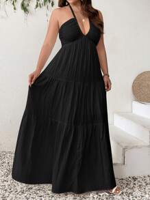 SHEIN CURVE+ 大码女式雪纺露背长款秋千连衣裙，白色，适合度假、婚礼、郊游、海滩约会波西米亚风度假