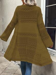 SHEIN LUNE 純色長袖空心針織開衫，輕鬆休閒日常造型 - 軍綠色 - 查看 2