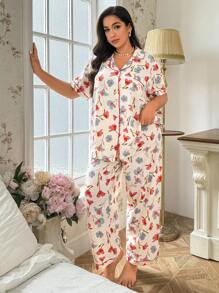 CottageSlumber Plus Size Women Bubble Wrinkle Printed Short Sleeve Button-Down Top & Long Pants Pajama Set - Multicolor - View 5