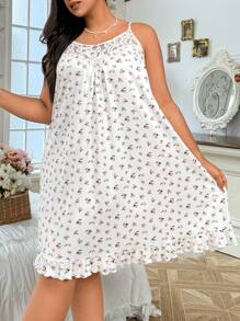 CottageSlumber Plus Size Lace Patchwork Country Style Ditsy Floral Cami Dress With Spaghetti Strap, Open Back, Loose And Comfortable Ruffled Hem Sleep Dress, Moo Moo Cozy And Elegant Details - White - View 5