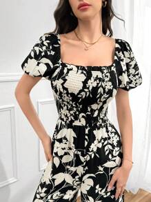 Mulvari Women's Random Printed Square Neck Puff Sleeve Jumpsuit