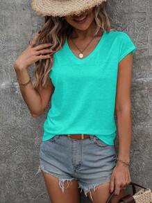 EMERY ROSE Women's Solid Color V-Neck Short Sleeve Casual T-Shirt, Summer - Baby Blue - View 5