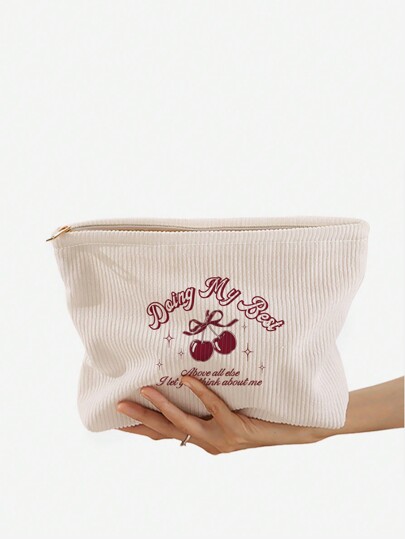 Kawaii Cherry & Letter Pattern Double-Sided Print Corduroy Cosmetic Bag