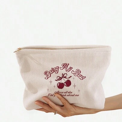 ROMWE Kawaii 櫻桃與字母圖案雙面印花灰華麗絨化妝包