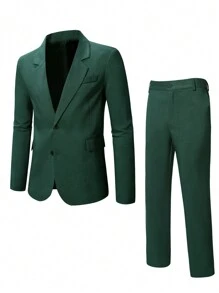 Manfinity Mode Solid Color Front Button Long Sleeve Jacket And Pocketed Long Pants Suit