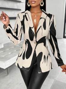 SOLERSUN Random Floral Allover Print Single-Breasted Waist Cinching Blazer - Black - View 6