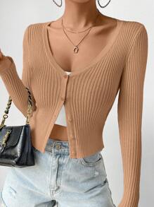 Chiquease Ribbed Knit Button Front Cardigan For Dailywear - Brown - View 1