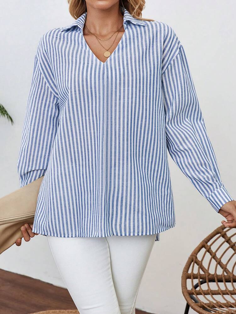 Blue Stripe Fall Outfits School Shirts Teacher Work Women Blouses Teacher Clothes Teacher Shirts Casual Women Dresses Teacher Outfits Long Sleeve Shirt Old Money Style Back To School Clothes