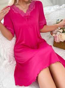 Lace Women's Solid Color Simple Daily Sleep Dress Pajama Dress - Hot Pink - View 3