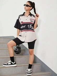 SHEIN Teen Girl's Contrast Color English Printed Pattern Turn-Down Collar Casual Shirt