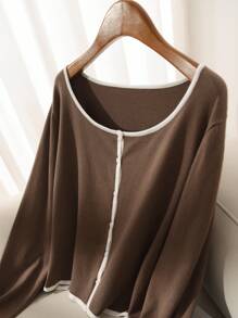 CosyJoli 女式加大码方领拼色针织开衫，时尚、休闲、百搭，棕色女式开衫，冬季 - 彩色 - 查看 3